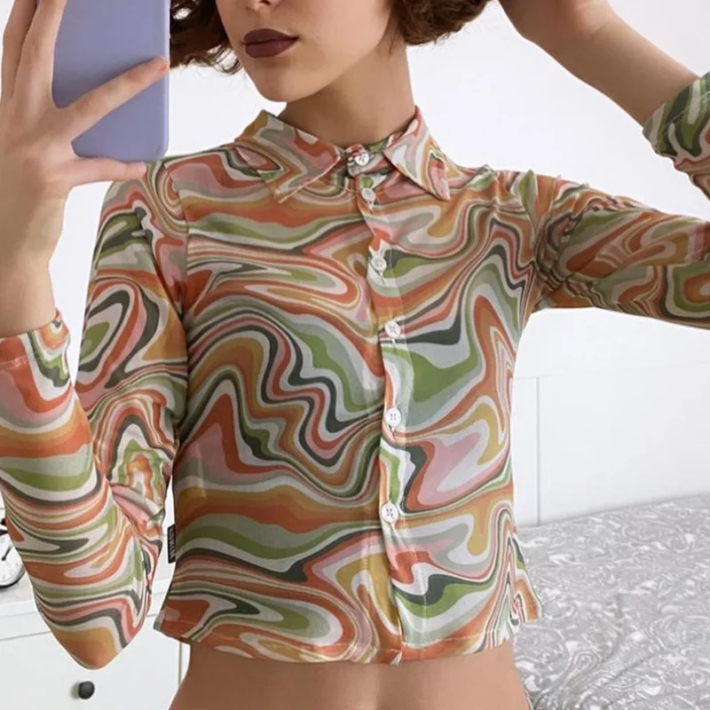 Женская короткая рубашка с длинным рукавом, гофрированная сетчатая рубашка с принтом, короткий топ с отложным воротником, Новинка осени 2021
Женская короткая рубашка с длинным рукавом, гофрированная сетчатая рубашка с принтом, короткий топ с отложным воротником, Новинка осени 2021