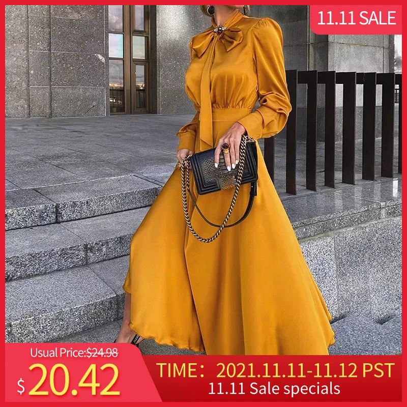 2021 Autumn Elegant Bow Collar Dress Women Solid Color Long Sleeve Satin Dresses Party High Waist Vestido Maxi Robe female dress
2021 Autumn Elegant Bow Collar Dress Women Solid Color Long Sleeve Satin Dresses Party High Waist Vestido Maxi Robe female dress