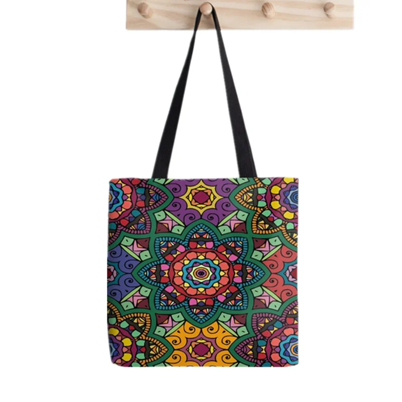 

2021 сумка-шоппер красочные Мандала с печатным рисунком сумка для женщин Harajuku сумка для покупок через плечо; Сумка-шоппер леди Сумки-холсты