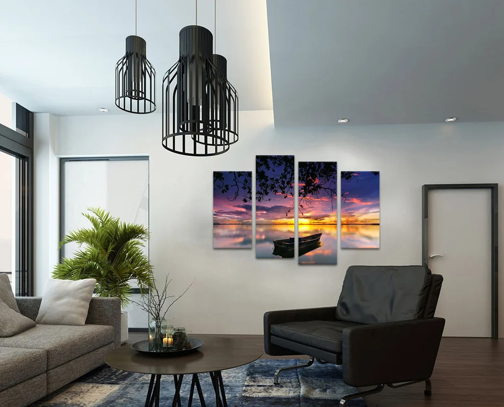 4 Panels Poster on The Wall Small Boat on Lake Canvas Wall Decor Beautiful Sunset HD Painting Decorations for The Room 
4 Panels Poster on The Wall Small Boat on Lake Canvas Wall Decor Beautiful Sunset HD Painting Decorations for The Room
