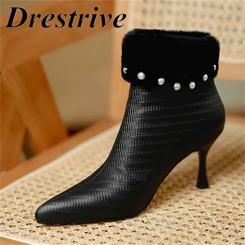 Drestrive Top Quality Leather Sexy Women Thin High Heel Ankle Boots Pointed Toe Pearl Decorations Zipper Wedding Party Shoes 
Drestrive Top Quality Leather Sexy Women Thin High Heel Ankle Boots Pointed Toe Pearl Decorations Zipper Wedding Party Shoes