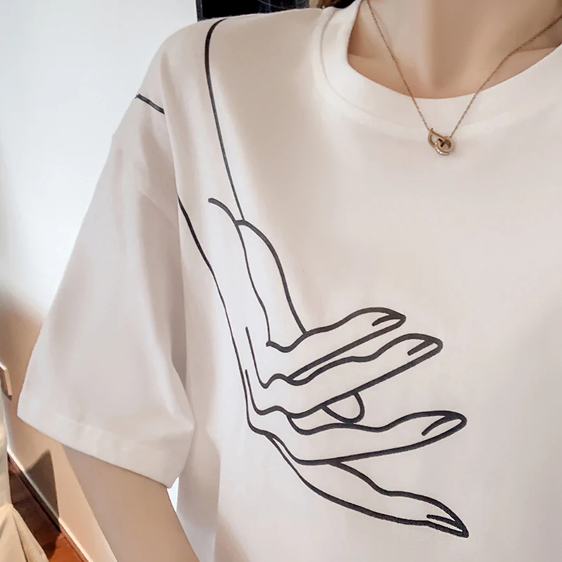 Korean Style Mid-Length Black Tee Shirt Femme Loose Cotton T Shirt Women Short Sleeve Chic Print T-Shirts White Camisetas Mujer
Korean Style Mid-Length Black Tee Shirt Femme Loose Cotton T Shirt Women Short Sleeve Chic Print T-Shirts White Camisetas Mujer
