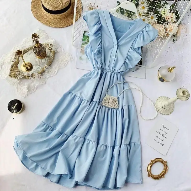 Summer Women Sleeveless V Neck A-line Dress Femme A-line Sleeveless Dresses Lady Ruffles Dress
Summer Women Sleeveless V Neck A-line Dress Femme A-line Sleeveless Dresses Lady Ruffles Dress