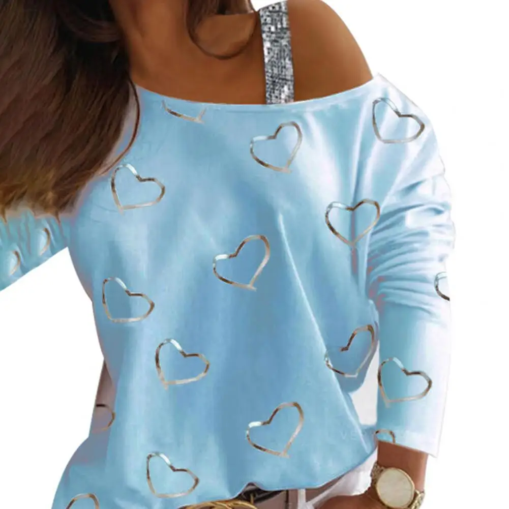 Women Blouse Long Sleeve Heart Shape Print Gold Stamping Shiny Sequins One Shoulder T-shirt Pullover for Spring
Women Blouse Long Sleeve Heart Shape Print Gold Stamping Shiny Sequins One Shoulder T-shirt Pullover for Spring