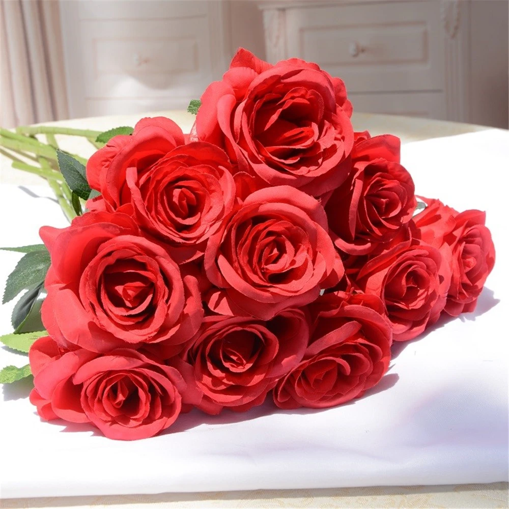 

Artificial Flower Rose Bouquet Silk Flowers Faux Plastic Artificial Champagne Roses 12 Heads Hand Tied Bouquet Home Hotel OfficE
