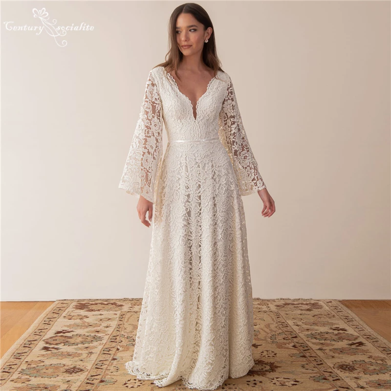 Boho Lace Wedding Dresses Long Sleeve V-Neck Backless A-Line Simple Beach Bride Dress Bohemian Bridal Gowns Vestido De Noiva
Boho Lace Wedding Dresses Long Sleeve V-Neck Backless A-Line Simple Beach Bride Dress Bohemian Bridal Gowns Vestido De Noiva