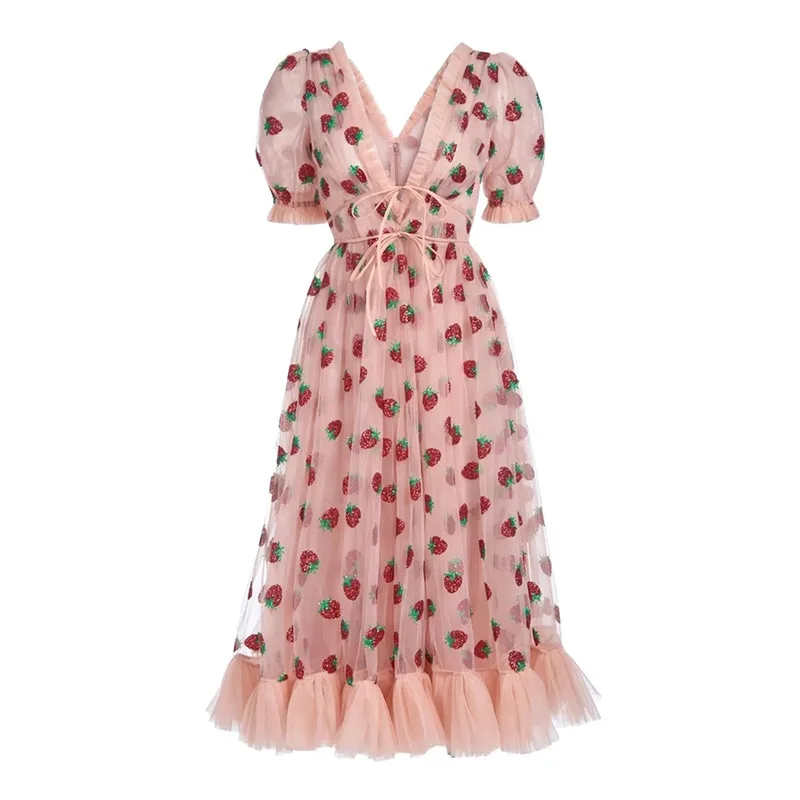 Women Embroidered Sequin Strawberry Dresses Puff Sleeve V Neck Lace Up Pleated Mesh Midi Party Dress Pink
Women Embroidered Sequin Strawberry Dresses Puff Sleeve V Neck Lace Up Pleated Mesh Midi Party Dress Pink