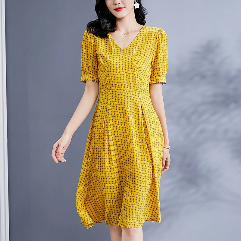

Женское платье в клетку, желтое элегантное офисное платье-трапеция из 2021 натурального шелка, с V-образным вырезом и коротким рукавом, со скла...