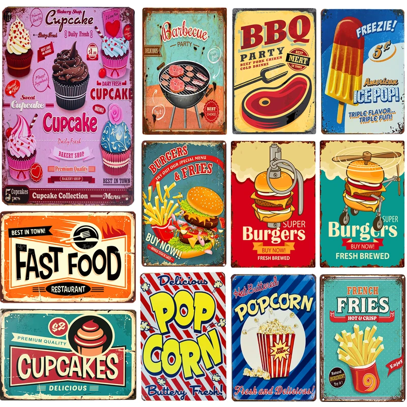Shabby Chic Vintage Metal Tin Signs BBQ Fast Food Hamburger Cupcake Pop Corn Hot Dog Wall Decor for Kitchen Cafe Diner Bar
Shabby Chic Vintage Metal Tin Signs BBQ Fast Food Hamburger Cupcake Pop Corn Hot Dog Wall Decor for Kitchen Cafe Diner Bar