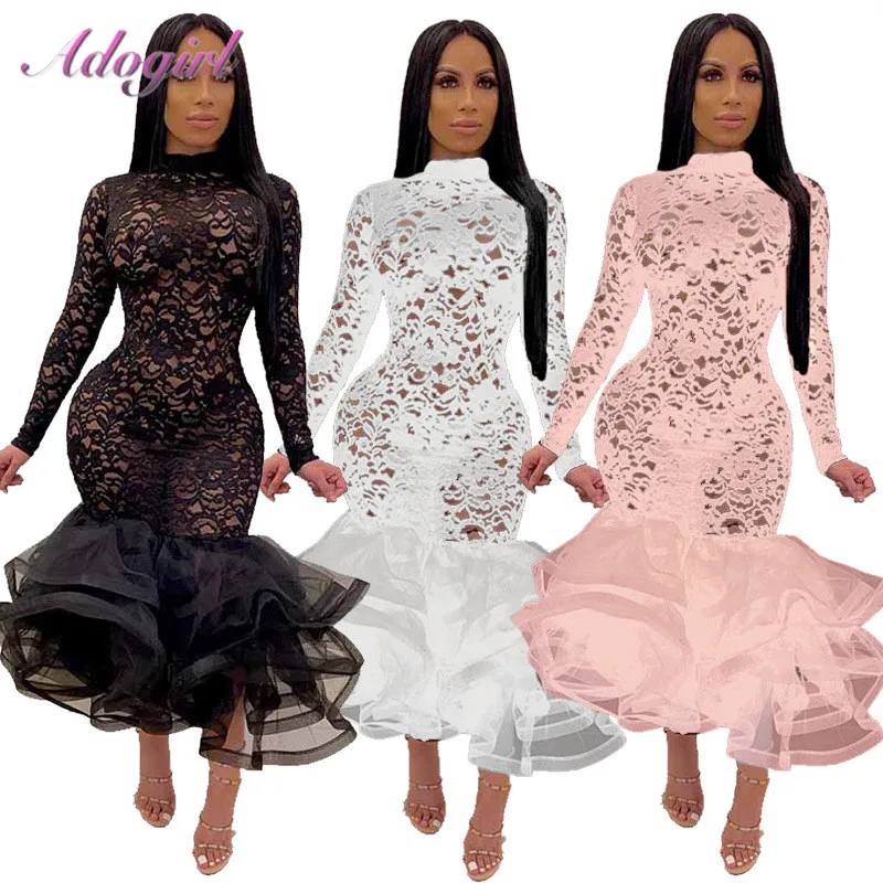 

Sexy Floral Organza Sheer Mesh Lace Ruffle Patchwork Evening Party Long Dress Casual Long Sleeve Mock Neck Mermaid Club Dresses