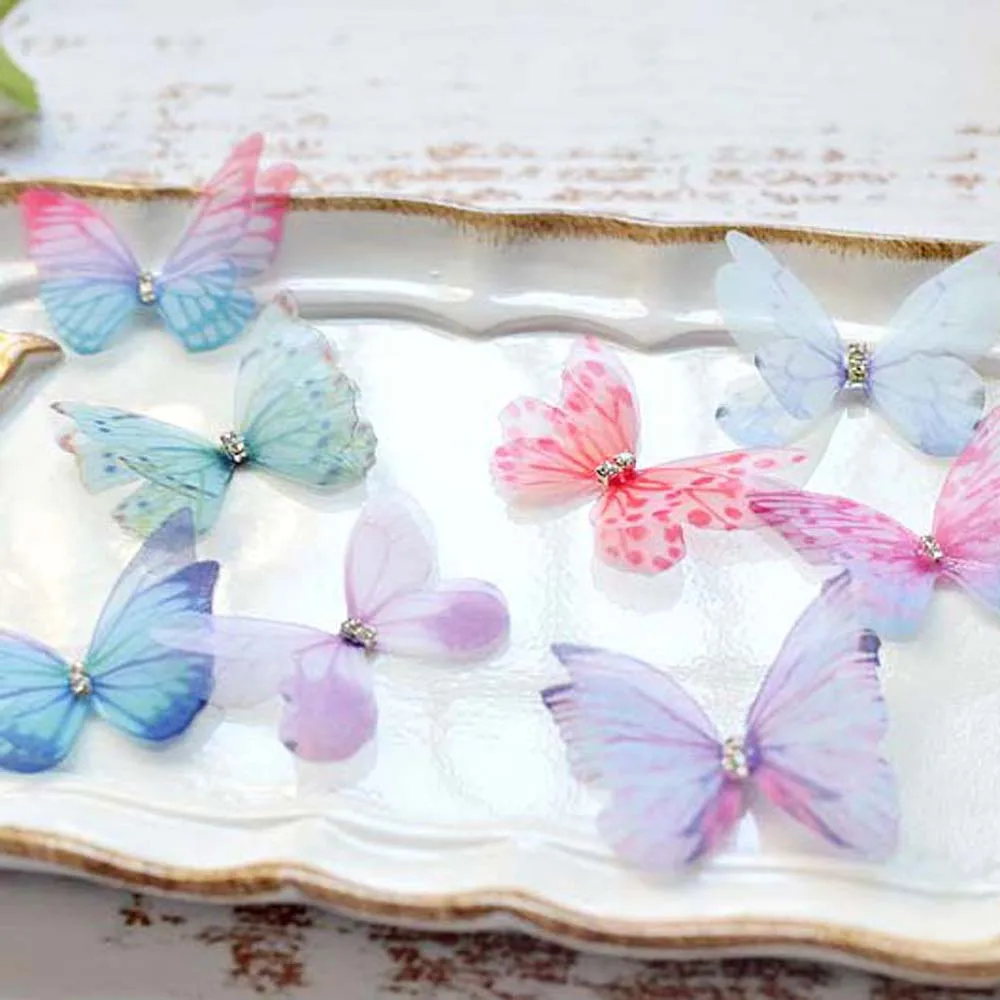

20PCS 3D Organza Butterflies Wedding Silk Butterfly w/ Rhinestone for DIY Jewelry Making, Choker, Earring, Party Decoration