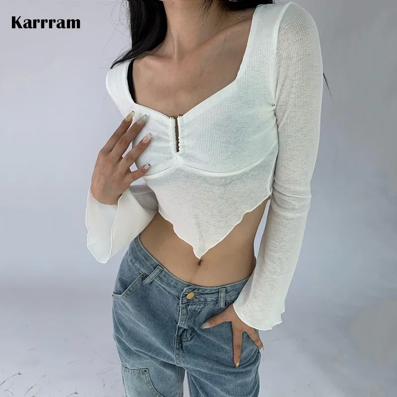Karrram Sexy See Through Mesh T Shirt Long Sleeve Irregular Crop Top U-shaped Fold Design Streetwear Women Square Collar Tops
Karrram Sexy See Through Mesh T Shirt Long Sleeve Irregular Crop Top U-shaped Fold Design Streetwear Women Square Collar Tops