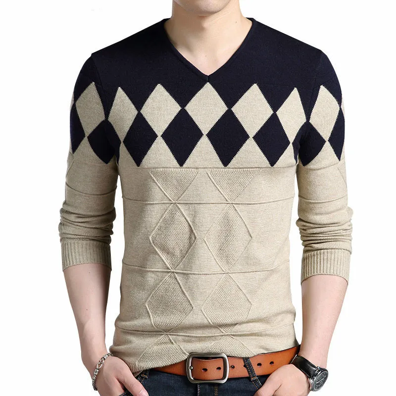 

Осень-зима 2020, кашемировый шерстяной мужской свитер, облегающие пуловеры, мужские брендовые свитера с узором в виде Аргайл, с v-образным выре...