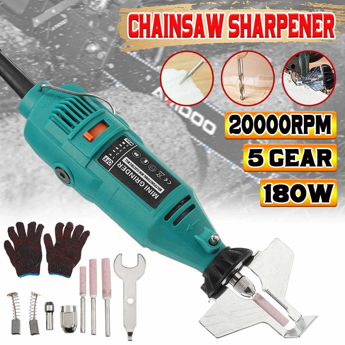 180W 20000RPM Mini Electric Chainsaw Sharpener Mill 5 Gear Electric Grinder Chain Saw Sharpening Kit Polishing Grinding Tool
180W 20000RPM Mini Electric Chainsaw Sharpener Mill 5 Gear Electric Grinder Chain Saw Sharpening Kit Polishing Grinding Tool