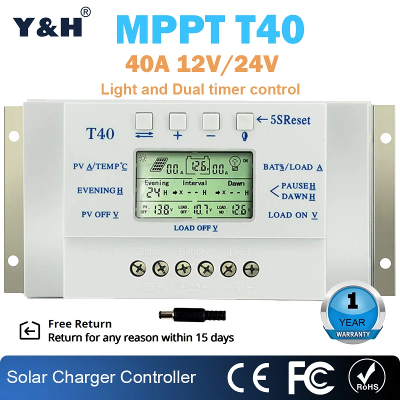 MPPT 40A Solar Charge and Discharge Controller 12V 24V LCD USB Regulator with Load Dual Timer Control for Solar Lighting System
MPPT 40A Solar Charge and Discharge Controller 12V 24V LCD USB Regulator with Load Dual Timer Control for Solar Lighting System