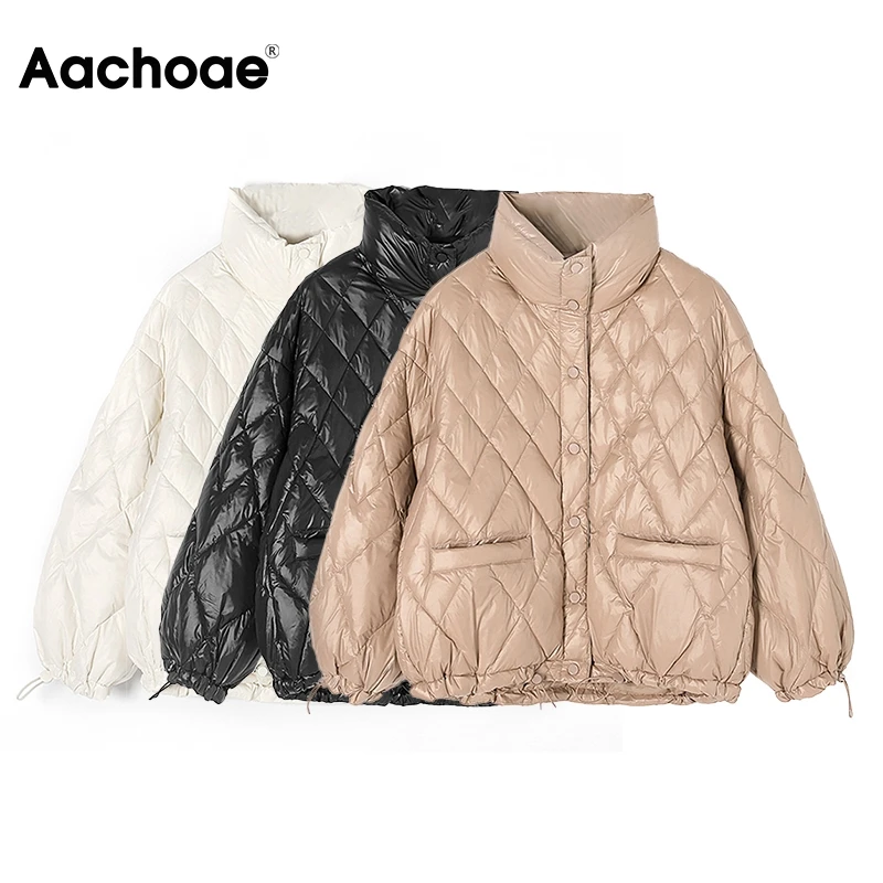

Aachoae Casual Solid Women 90% White Duck Down Jacket Batwing Sleeve Loose Pocket Coat Stand Collar Warm Outwear Ropa Mujer