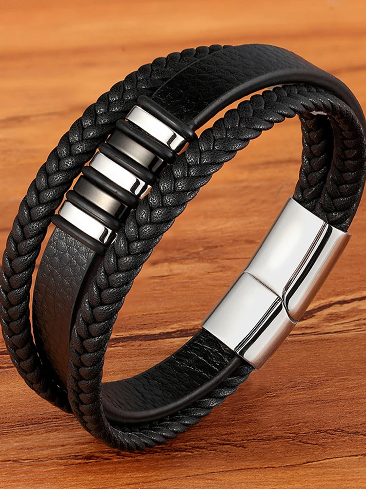 TYO Fashion Stainless Steel Charm Magnetic Black Men Bracelet Leather Genuine Braided Punk Rock Bangles Jewelry Accessories TYO Fashion Stainless Steel Charm Magnetic Black Men Bracelet Leather Genuine Braided Punk Rock Bangles Jewelry Accessories