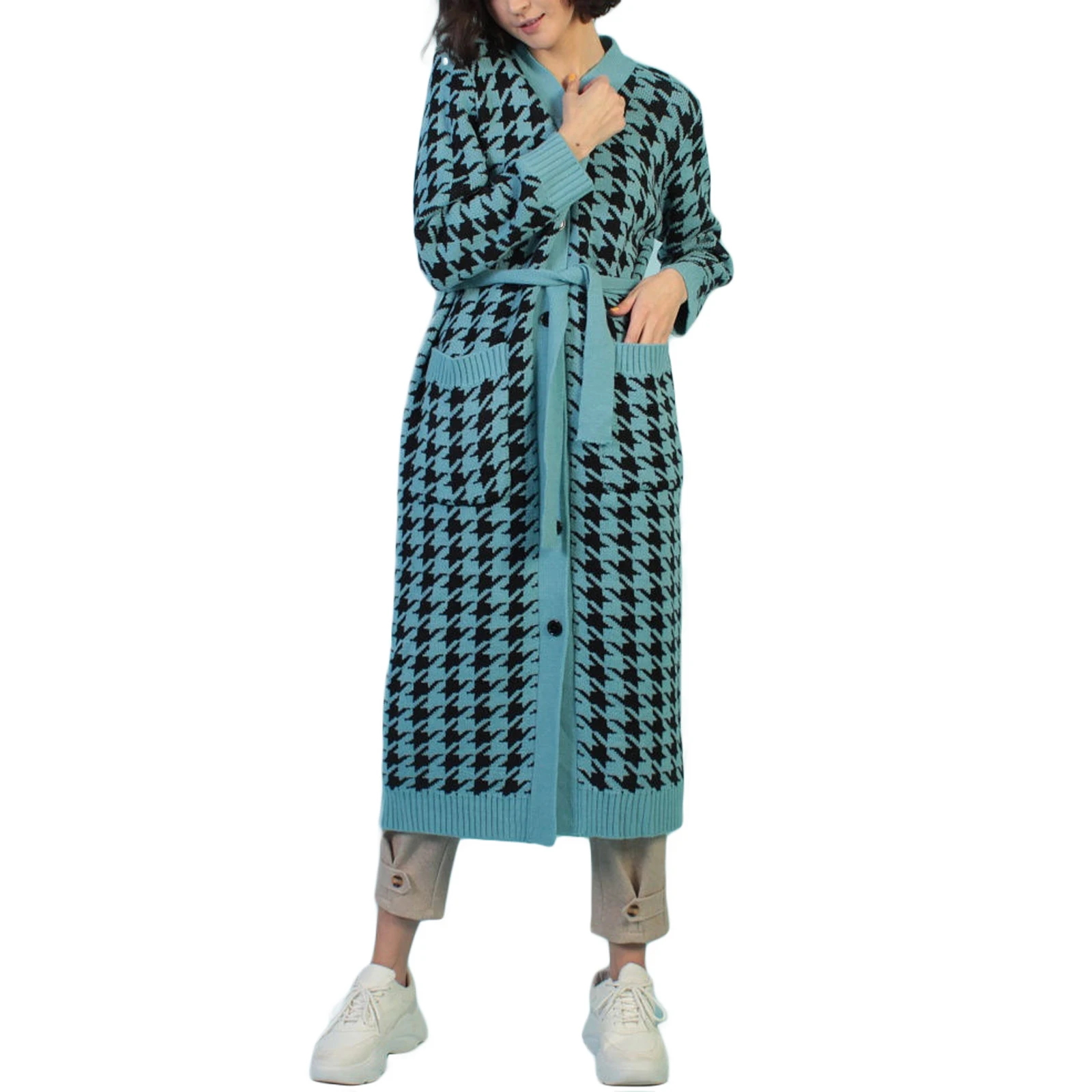 Female Cardigan Houndstooth Print Long Sleeve Coat with Pockets and Waist Belt for Spring Fall S/M/L/XL
Female Cardigan Houndstooth Print Long Sleeve Coat with Pockets and Waist Belt for Spring Fall S/M/L/XL