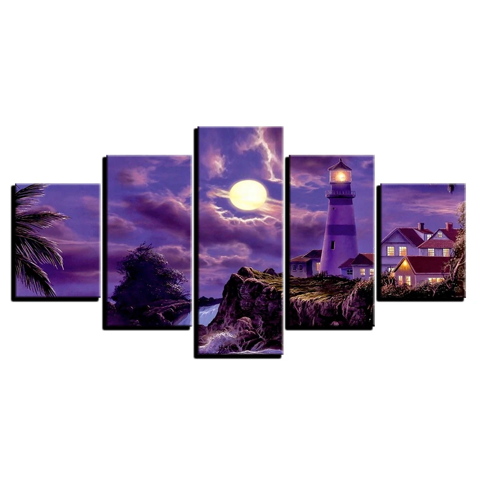 5 Piece Coastal Village House Lighthouse Moonlit Night Printed Canvas Painting Living Room Wall Art Landscape Pictures No Frames
5 Piece Coastal Village House Lighthouse Moonlit Night Printed Canvas Painting Living Room Wall Art Landscape Pictures No Frames