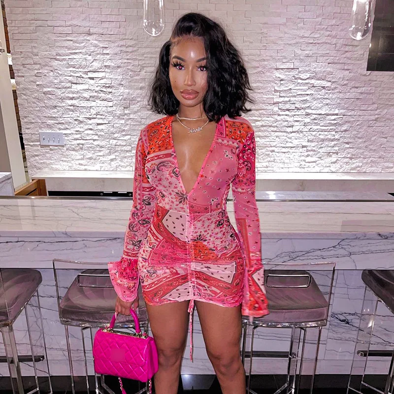 Women Bodycon Dress Summer Party Club Outfits Mesh Flared Long Sleeve Deep V Neck Drawstring Folds String Mini Dress
Women Bodycon Dress Summer Party Club Outfits Mesh Flared Long Sleeve Deep V Neck Drawstring Folds String Mini Dress
