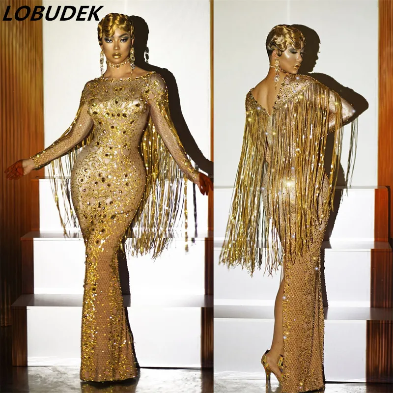 

Lady Singer Host Festival Evening Concert Floor-Length Rhinestones Dresses Prom Birthday Wedding Crystals Sequins Fringes Dress