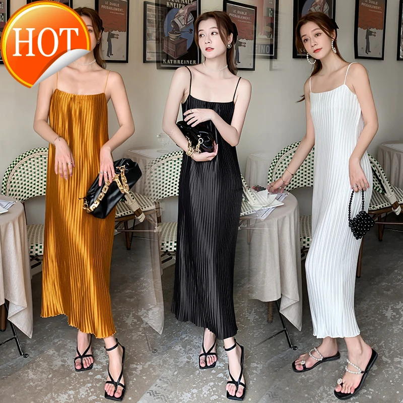Женское атласное Плиссированное удобное пикантное платье на бретелях, новое Плиссированное Платье для путешествий, морского курорта 
Женское атласное Плиссированное удобное пикантное платье на бретелях, новое Плиссированное Платье для путешествий, морского курорта
