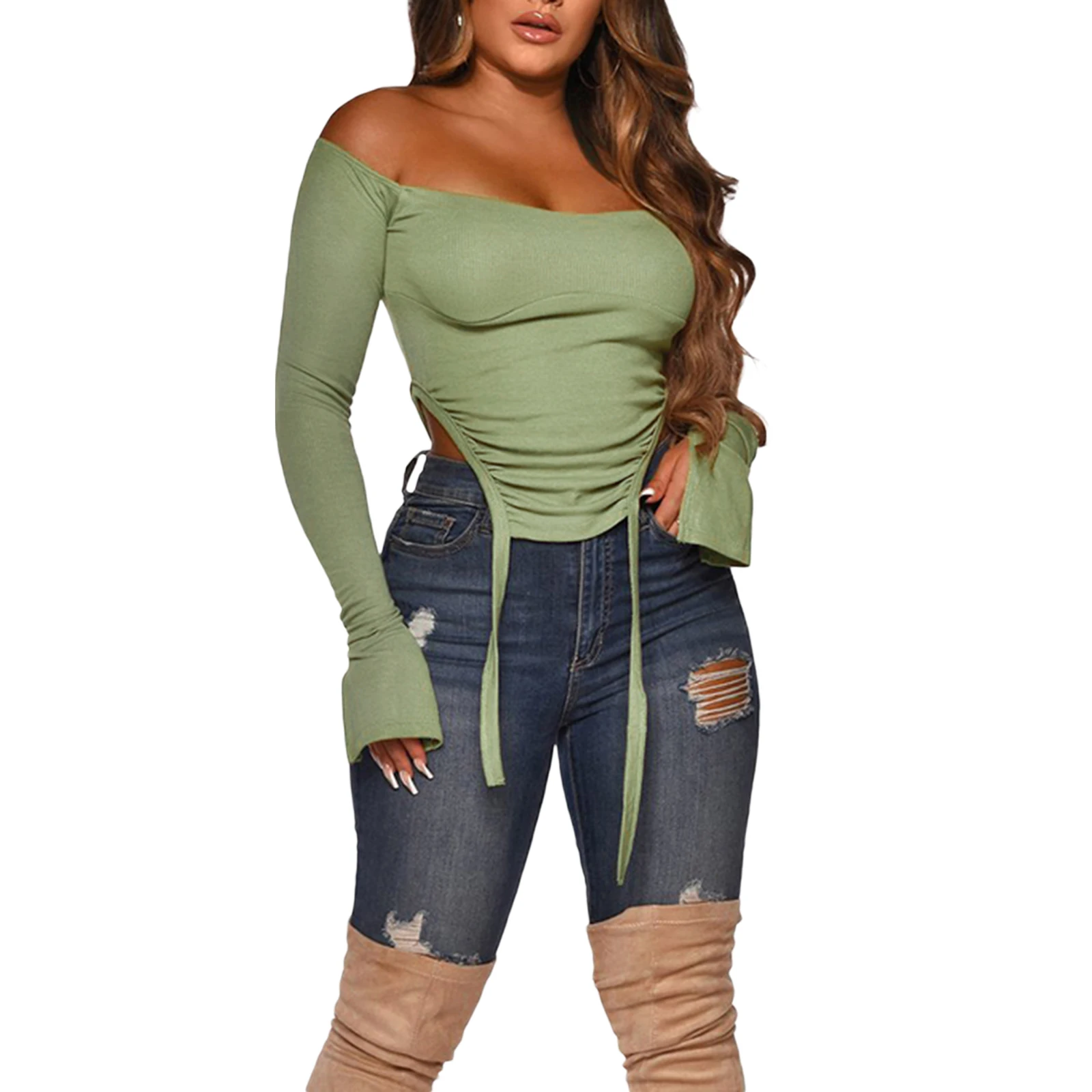 Female T-Shirt, Women s Solid Color Boat Neck Long Sleeve Top Pullover for Fall, White/Green, S/M/L
Female T-Shirt, Women s Solid Color Boat Neck Long Sleeve Top Pullover for Fall, White/Green, S/M/L