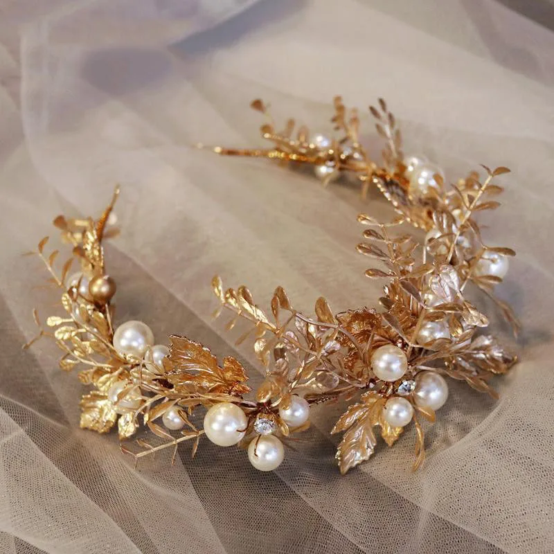 

Bridal Hair Jewelry Gold Baroque Headbands Hairbands Pearls Leaf Headpieces Headdress For Brides Women Wedding Accessories