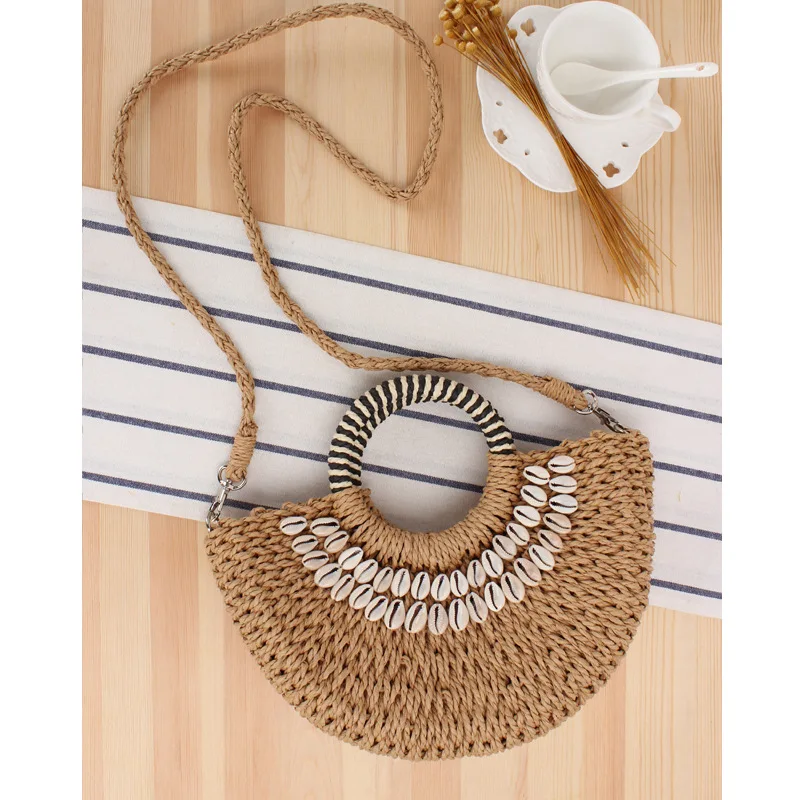 

Simple Style Semicircle Hand Carrying Straw Hand Sewing Natural Shell Holiday Woven Vacation Women's Bag