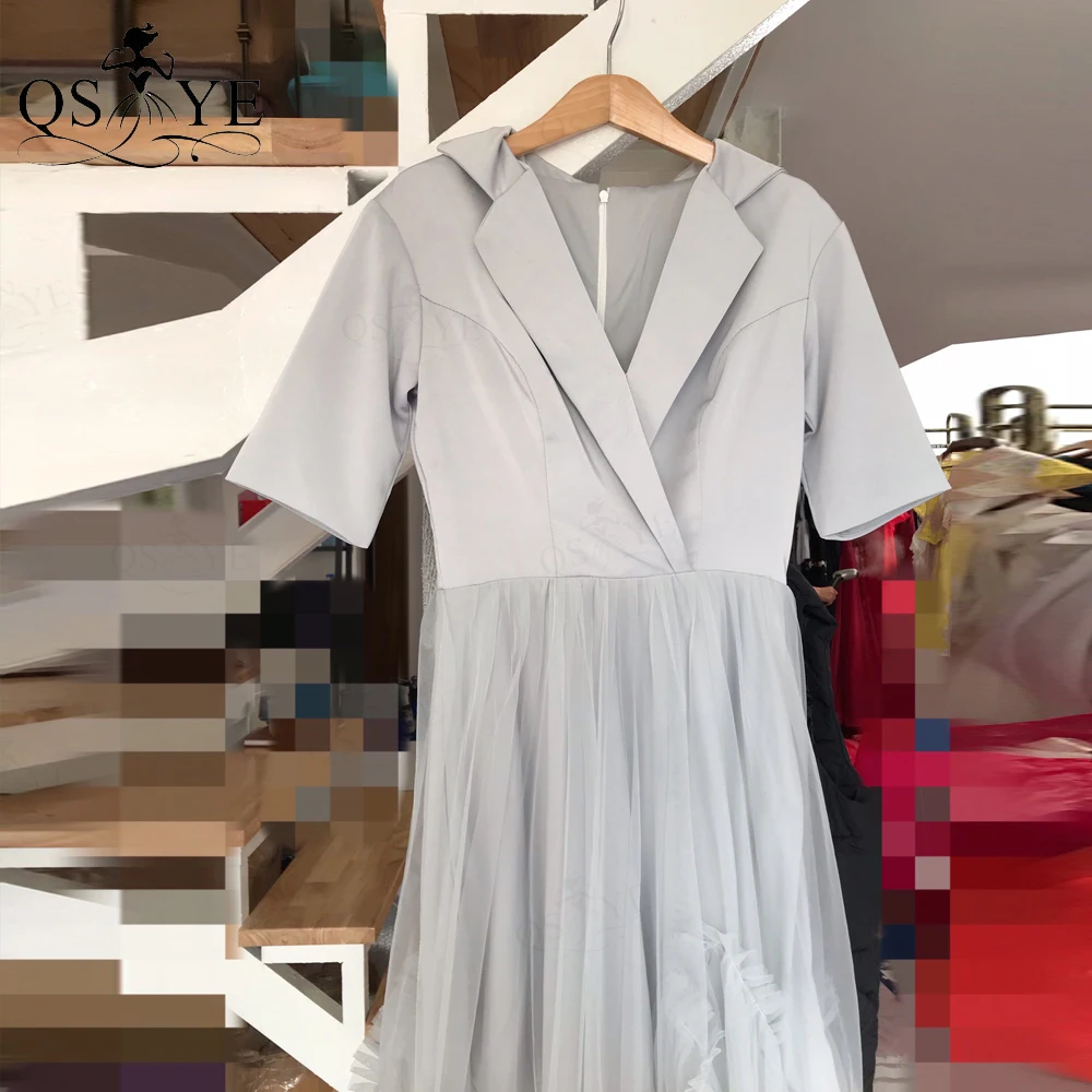 Crepe Grey Prom Dresses Top Lapel Evening Gown Short Sleeves Girl Party Dress Illusion Legs Tulle Skirt Short Casual Gown Vestid
Crepe Grey Prom Dresses Top Lapel Evening Gown Short Sleeves Girl Party Dress Illusion Legs Tulle Skirt Short Casual Gown Vestid