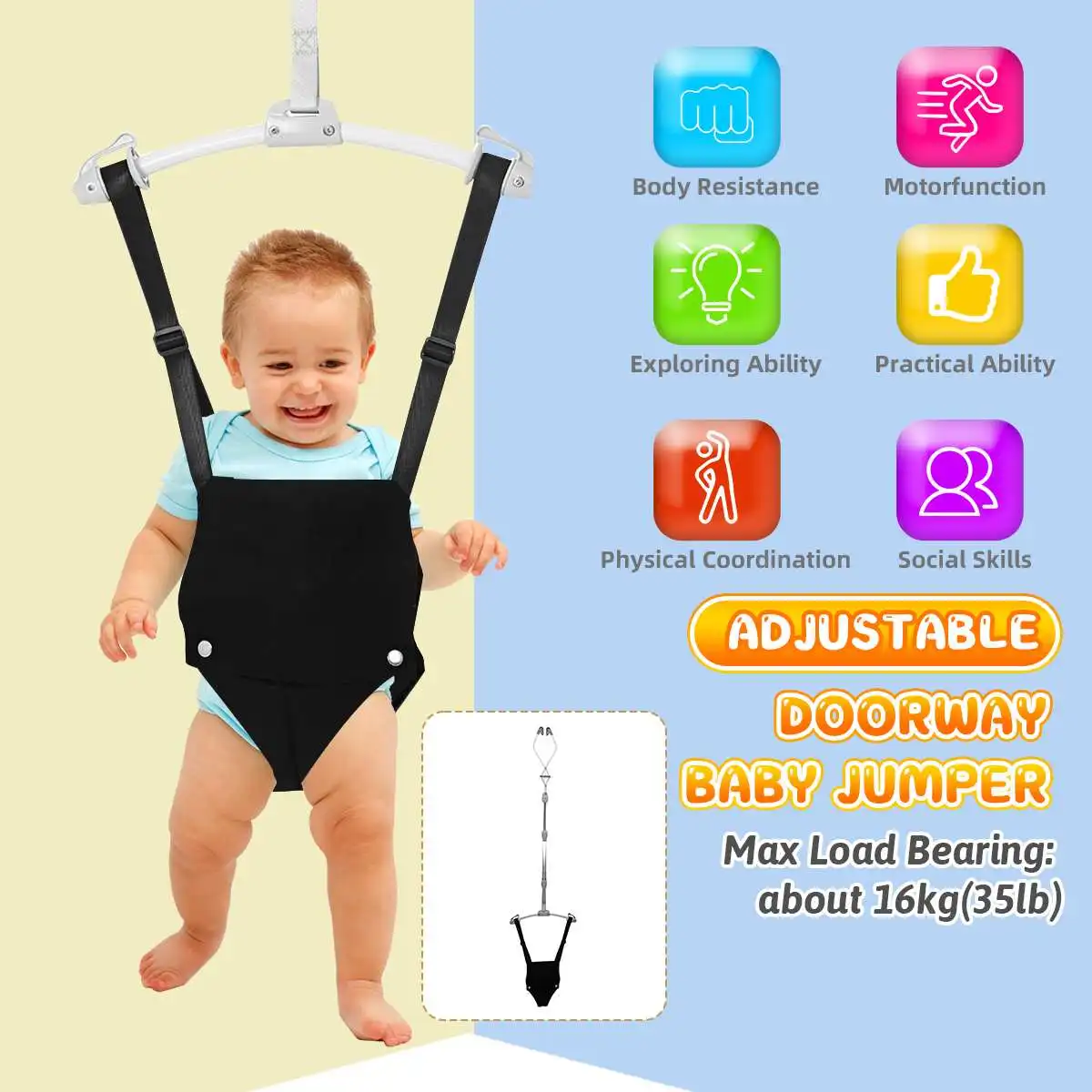 Baby Jumper Exerciser with Door Clamp for Active Infant Kids Jump Have Fun Toy Swing Hammock Seat Baby Bouncer Physical Trainer
Baby Jumper Exerciser with Door Clamp for Active Infant Kids Jump Have Fun Toy Swing Hammock Seat Baby Bouncer Physical Trainer