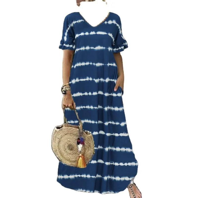 Casual Women's Dress V Neck Lotus Leaf Sleeve Stripe Floor Long Dresses Woman Party Elegant Summer Sexy Girl Bodycon Clothing