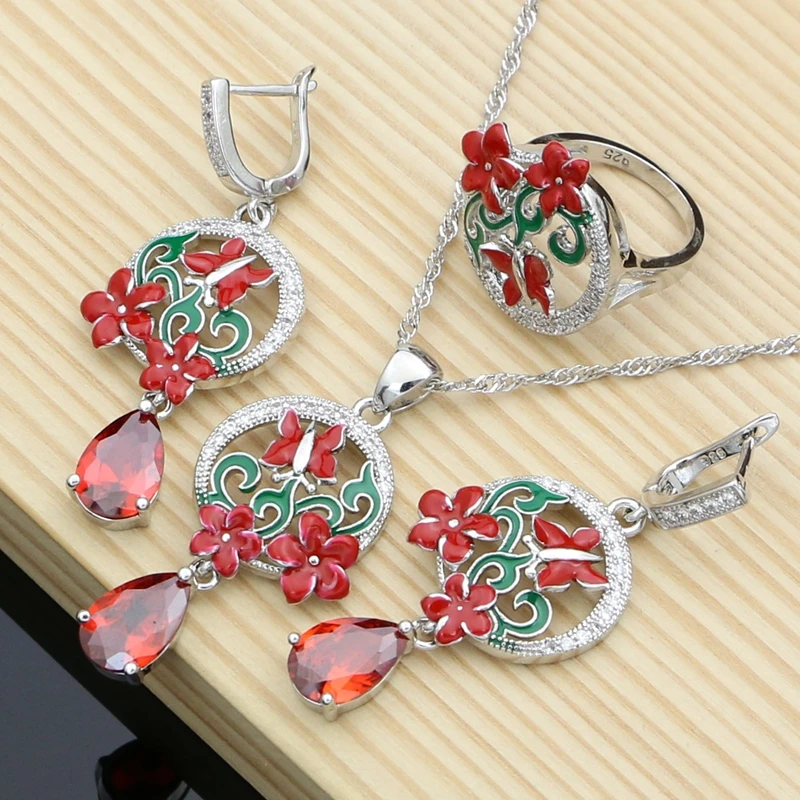 Fine Silver 925 Jewelry Sets Red Enamel with Garnet Earrings Women Handmade Butterfly Flower Decoration Jewellry Dropshipping
Fine Silver 925 Jewelry Sets Red Enamel with Garnet Earrings Women Handmade Butterfly Flower Decoration Jewellry Dropshipping