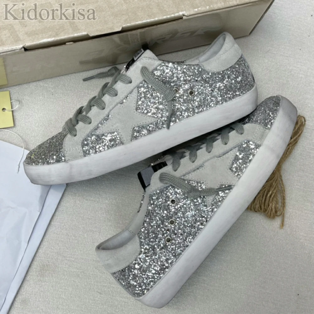 Women Sneakers Old Dirty Shoes for Woman Shiny Silver Patchwork Women Casual Shoes Lace-up Star Sport Shoes Customized
Women Sneakers Old Dirty Shoes for Woman Shiny Silver Patchwork Women Casual Shoes Lace-up Star Sport Shoes Customized