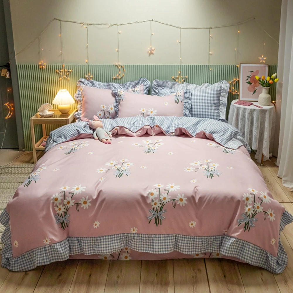 Pink Flowers Bedding Sets Lace Duvet Cover Lotus Leaf Edge AB Side For Home Single Double Bed Cover Sheets Sets on the bed 
Pink Flowers Bedding Sets Lace Duvet Cover Lotus Leaf Edge AB Side For Home Single Double Bed Cover Sheets Sets on the bed
