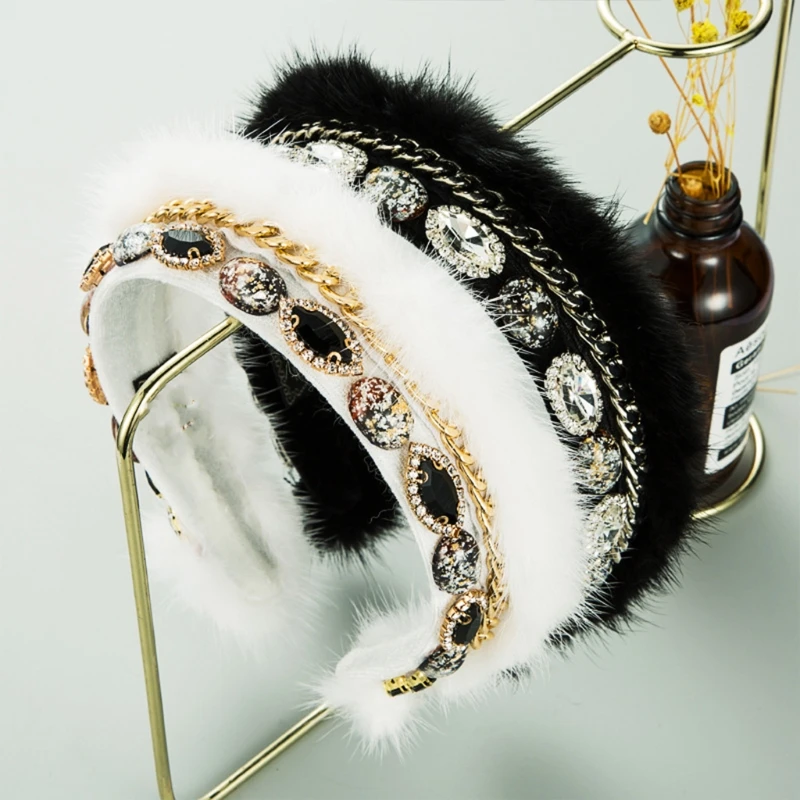 

Женская зимняя пушистая плюшевая повязка на голову в стиле барокко, роскошная пушистая обруч для волос для выпускного, блестящая металличе...