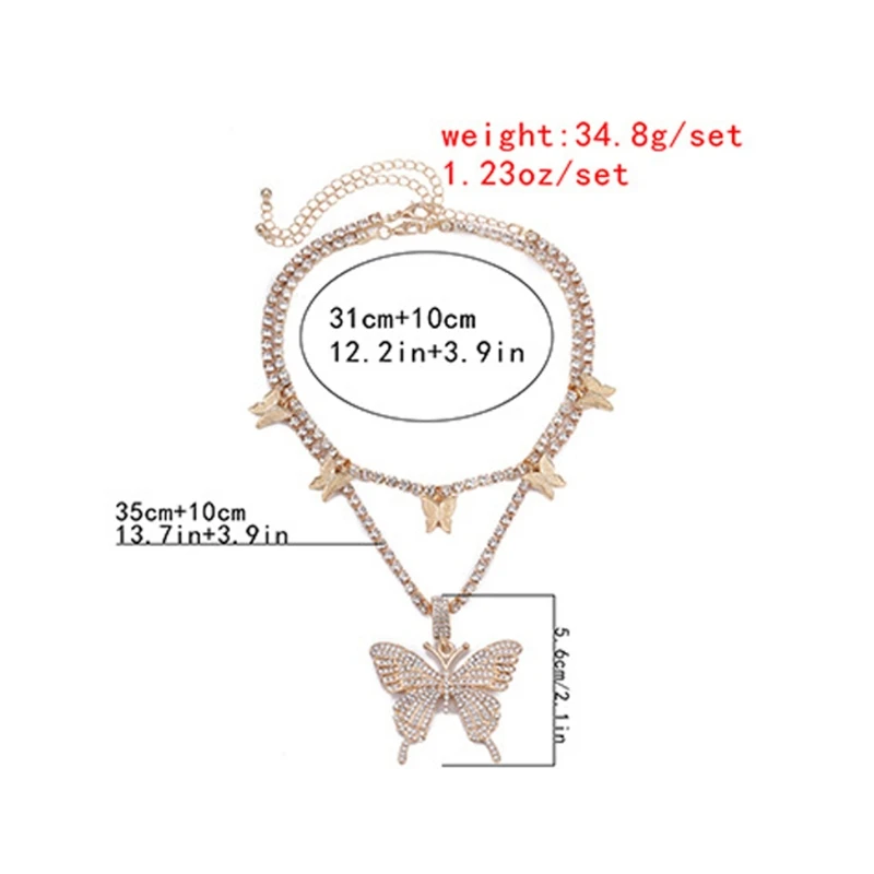 Sparking Fully Iced Out Crystal Pave Butterfly Pendant Cubic Zircon 3D Butterfly Pendant Necklace Fashion Jewelry 2Pcs