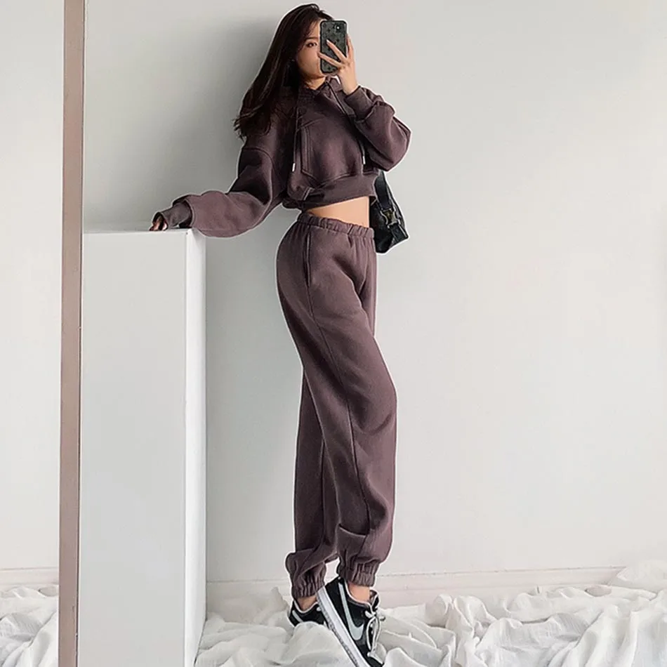 High Quality Winter Women'S Fleece Loose Casual 2 Two-Piece Set Hooded Short Pocket Sweater And Trousers Sportswear Suit
High Quality Winter Women'S Fleece Loose Casual 2 Two-Piece Set Hooded Short Pocket Sweater And Trousers Sportswear Suit