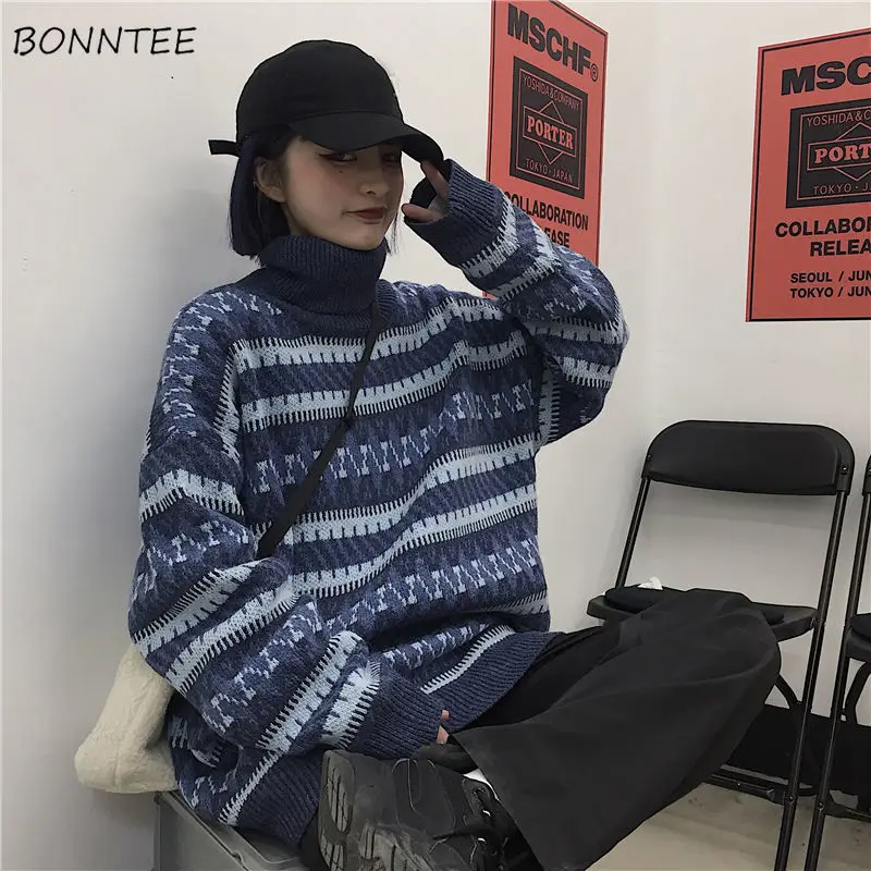 

Sweaters Women Turtleneck Striped Loose Warm Winter Feminino Leisure All-match Student Chic Prevalent Korean Version Comfortable