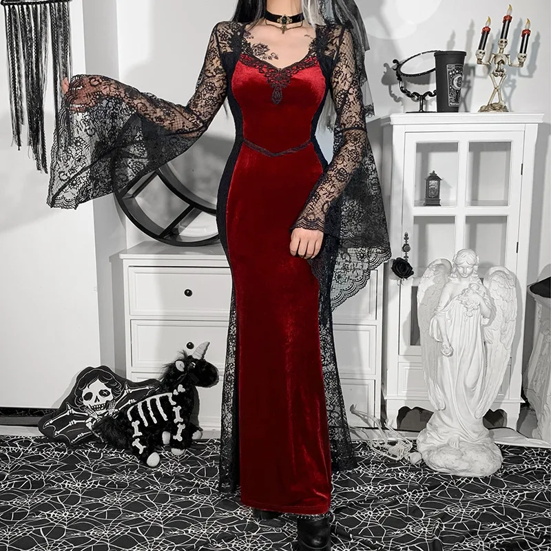 Gothic Women Velvet Bodycon Dress Streetwear Aesthetic Lace Patchwork See Through Y2K Robe Elegant Chic Flare Sleeve Long Dress
Gothic Women Velvet Bodycon Dress Streetwear Aesthetic Lace Patchwork See Through Y2K Robe Elegant Chic Flare Sleeve Long Dress