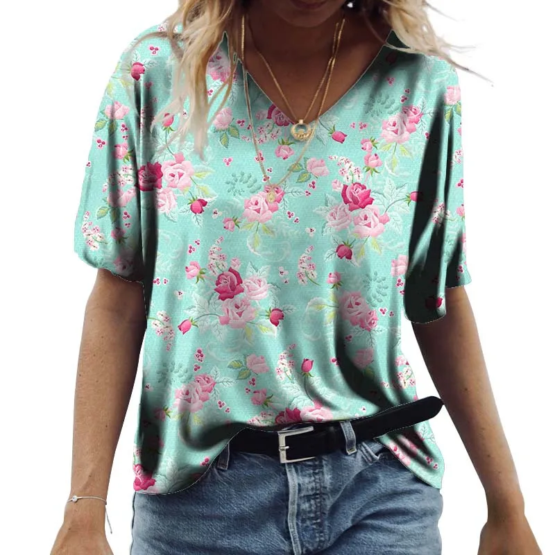 Женская свободная футболка с коротким рукавом, разноцветные пуловеры с цветочным 3D принтом и V-образным вырезом, 2022
Женская свободная футболка с коротким рукавом, разноцветные пуловеры с цветочным 3D принтом и V-образным вырезом, 2022