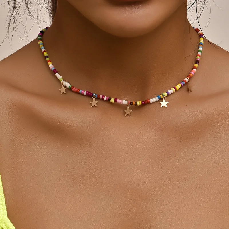 2021 New Bohemian Colorful Small Beads Handmade Necklace Gold Star Necklace Summer Beach Clavicle Chain Choker Jewelry
2021 New Bohemian Colorful Small Beads Handmade Necklace Gold Star Necklace Summer Beach Clavicle Chain Choker Jewelry