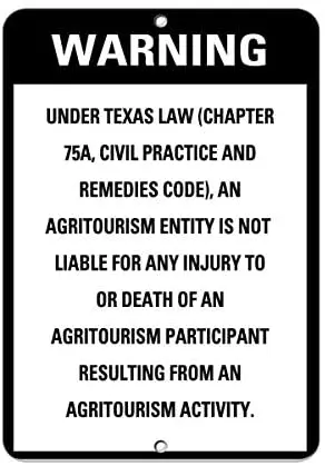 Crysss an Agritourism Entity is Not Liable for Any Injury Death 12 X 8 Inches Metal Sign
Crysss an Agritourism Entity is Not Liable for Any Injury Death 12 X 8 Inches Metal Sign