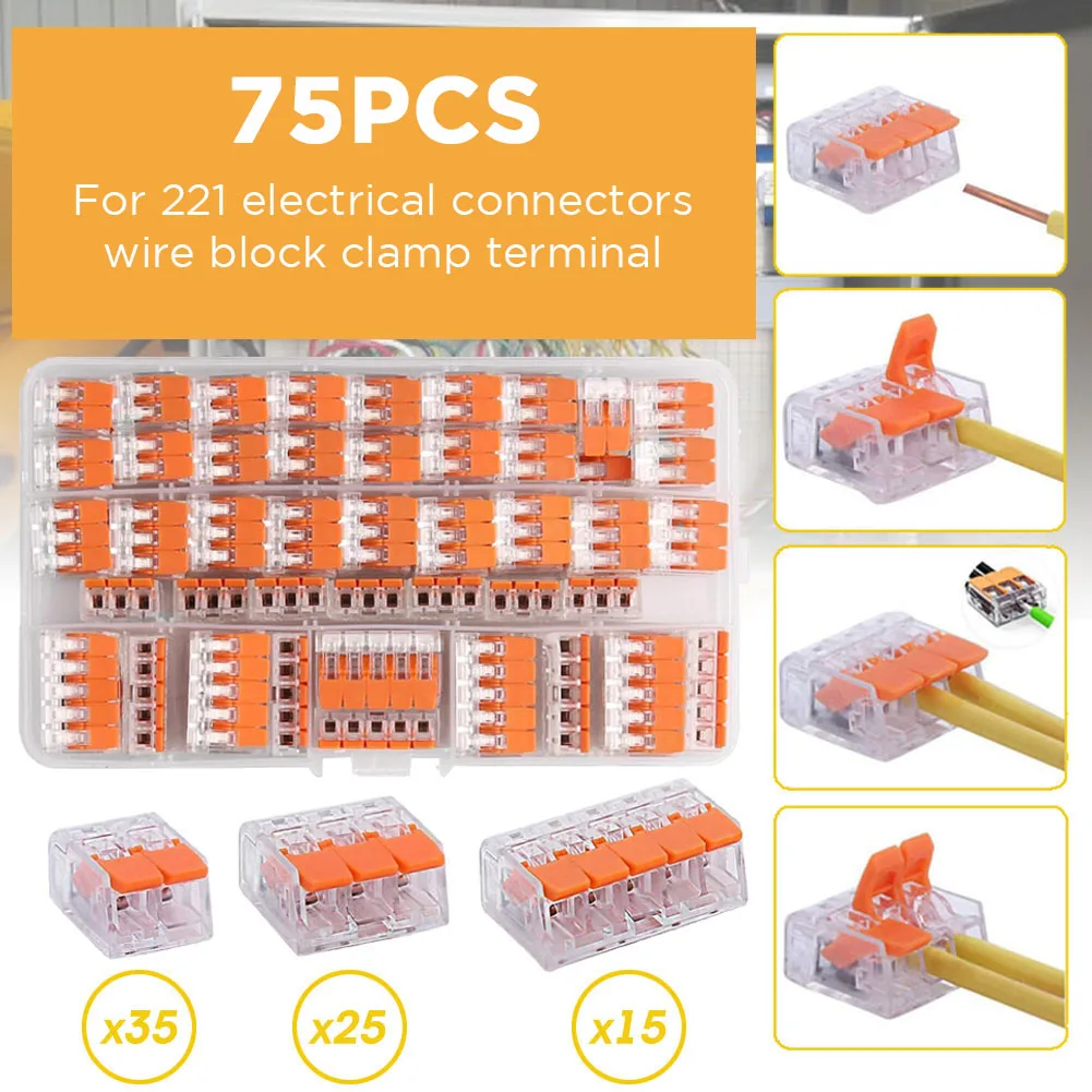 75pcs Electrical Connectors Wire Block Clamp Terminal Cable Reusable Mini Quick Home Wire Terminal Connector 221 2/3/5 Port
75pcs Electrical Connectors Wire Block Clamp Terminal Cable Reusable Mini Quick Home Wire Terminal Connector 221 2/3/5 Port