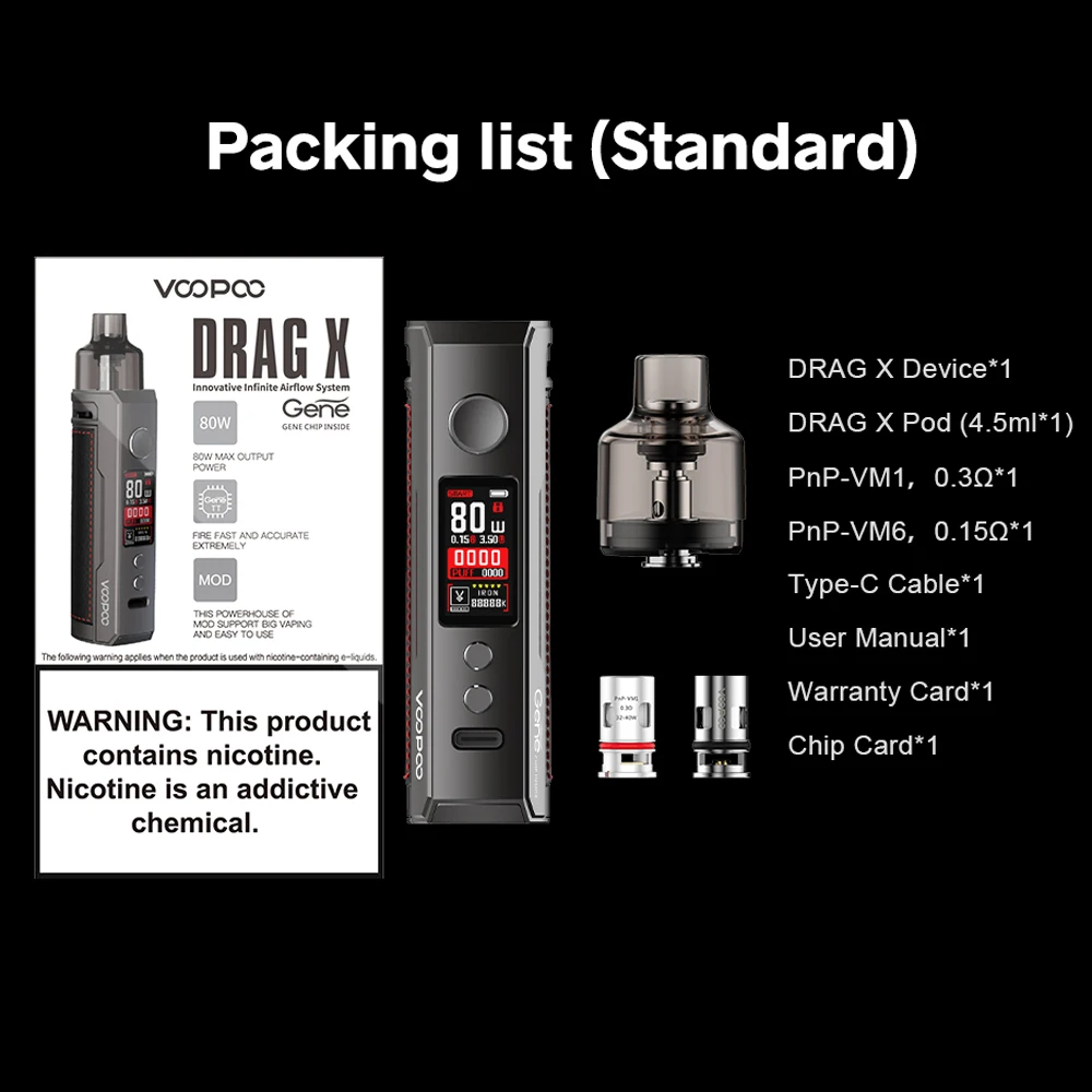 

Original VOOPOO Drag X Mod Pod Kit 4.5ml Cartridge PnP-VM6 0.15ohm/PnP-VM1 0.3ohm Coil 80W Max Output E-cig Vape Kit VS Vinci X