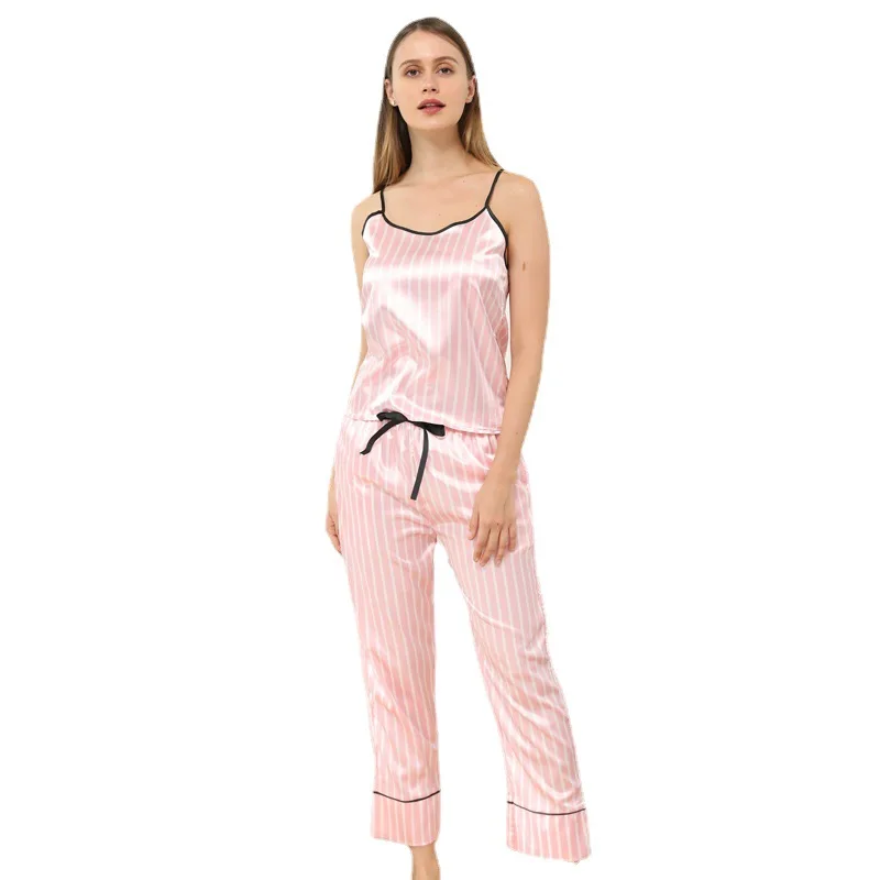 Satin Pajamas Set Women Striped Strap Top&Pants Pink Sexy Sleepwear Pijamas Casual Nightwear Intimate Lingerie Silky Homewear 
Satin Pajamas Set Women Striped Strap Top&Pants Pink Sexy Sleepwear Pijamas Casual Nightwear Intimate Lingerie Silky Homewear