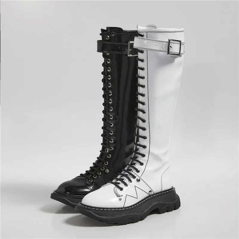 Women Knee-high Leather Boots Cross-tied Platform Ladies boots Belt Casual Solid Color Flat platform Heel Botas feminina
Women Knee-high Leather Boots Cross-tied Platform Ladies boots Belt Casual Solid Color Flat platform Heel Botas feminina