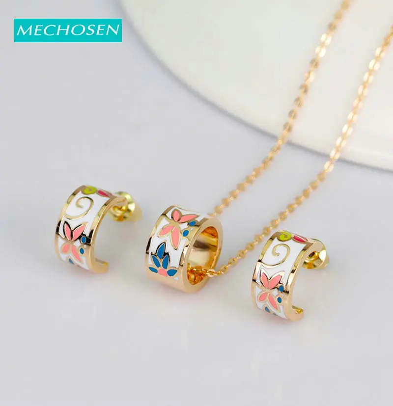 MECHOSEN Fashion 585 Rose Gold Colorful Butterfly Flowers Enamel Necklace Earring Jewelry Set Women Party Accessories Gifts 2019 | Украшения