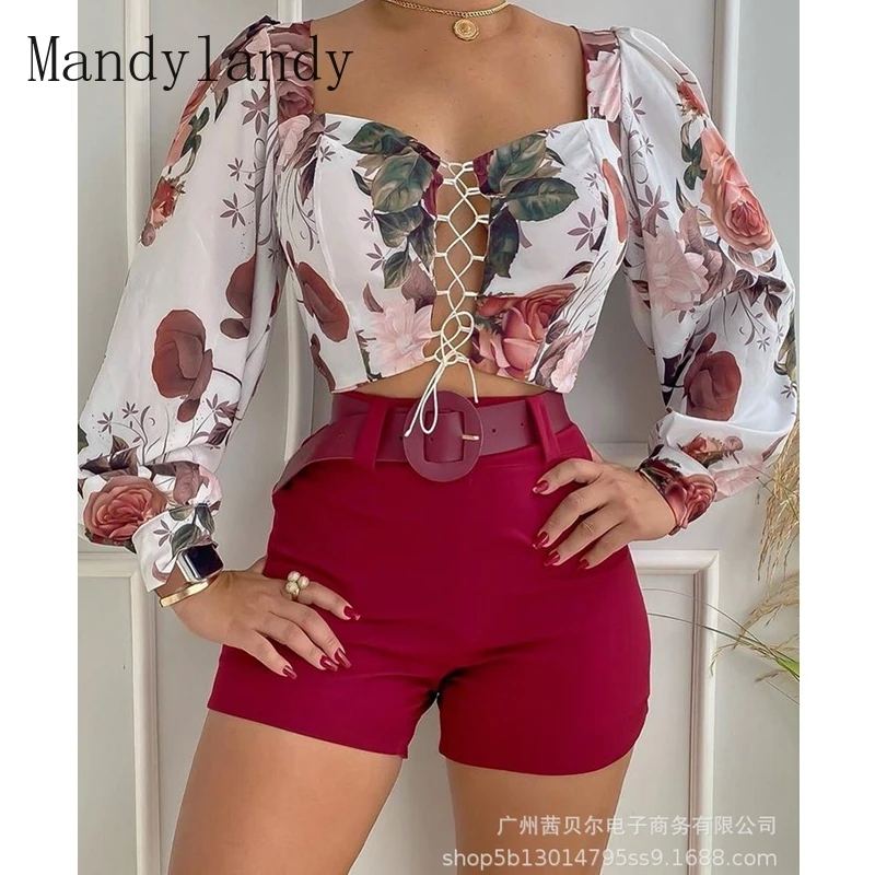 Mandylandy Summer Long Sleeve V-neck Bandage Hollow Out Top + High Waist Straight Shorts Suit Womens Sexy Floral Print Slim Suit
Mandylandy Summer Long Sleeve V-neck Bandage Hollow Out Top + High Waist Straight Shorts Suit Womens Sexy Floral Print Slim Suit