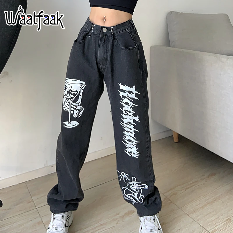 

Waatfaak Goth Grunge Black Jeans Fairycore Printed Wide Leg Cargo Jeans Women Streetwear Boyfriend Mom Pants Baggy Y2K Aesthetic